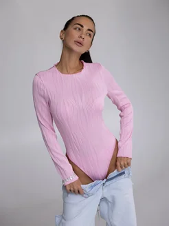 Вечернее боди с длинным рукавом розовое